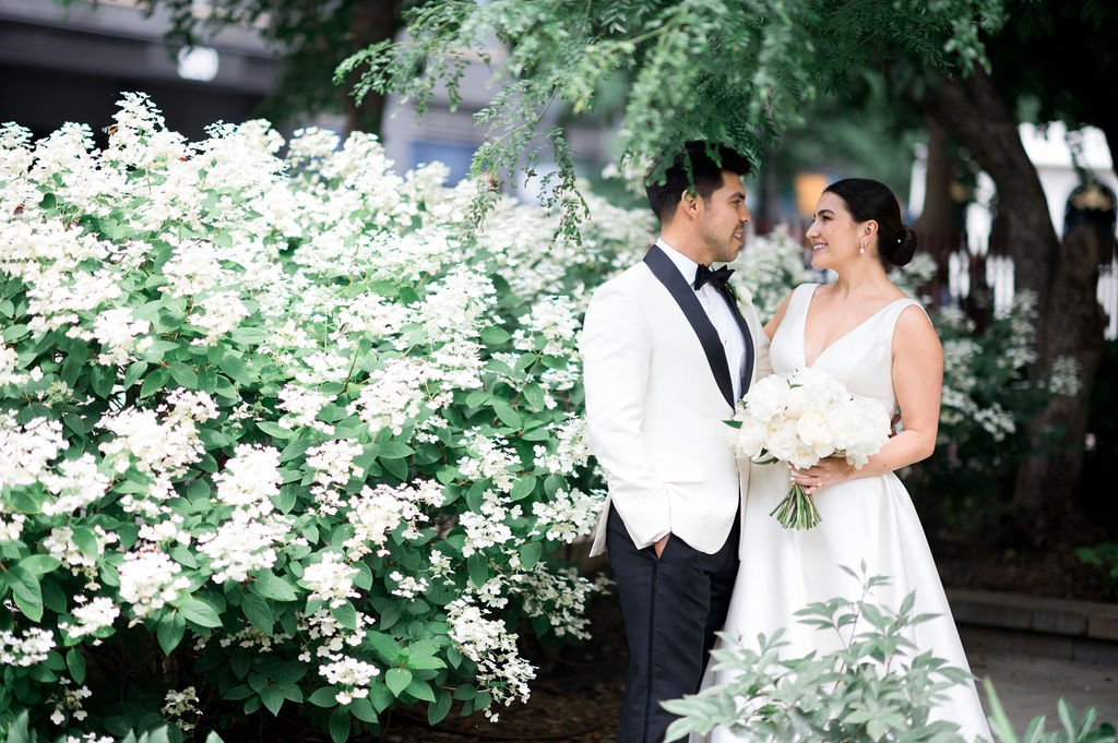 Bride with a white garden bouquet